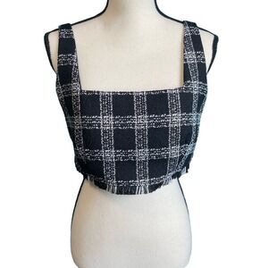 House of Harlow 1960 Plaid Tweed Crop Top Frayed Hem Large